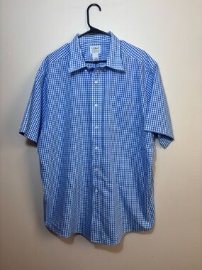 LL Bean Shirt XL Blue Check Short Sleeve Button Up Cotton Pocket Casual